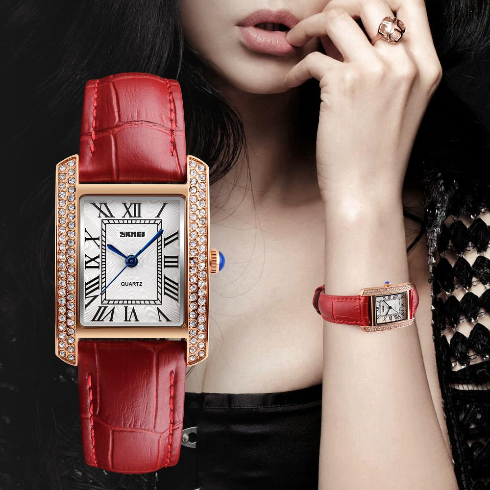 Skmei Women's Ladies Watch Classic Roman Genuine Leather Crystal Stones Red Rose Gold