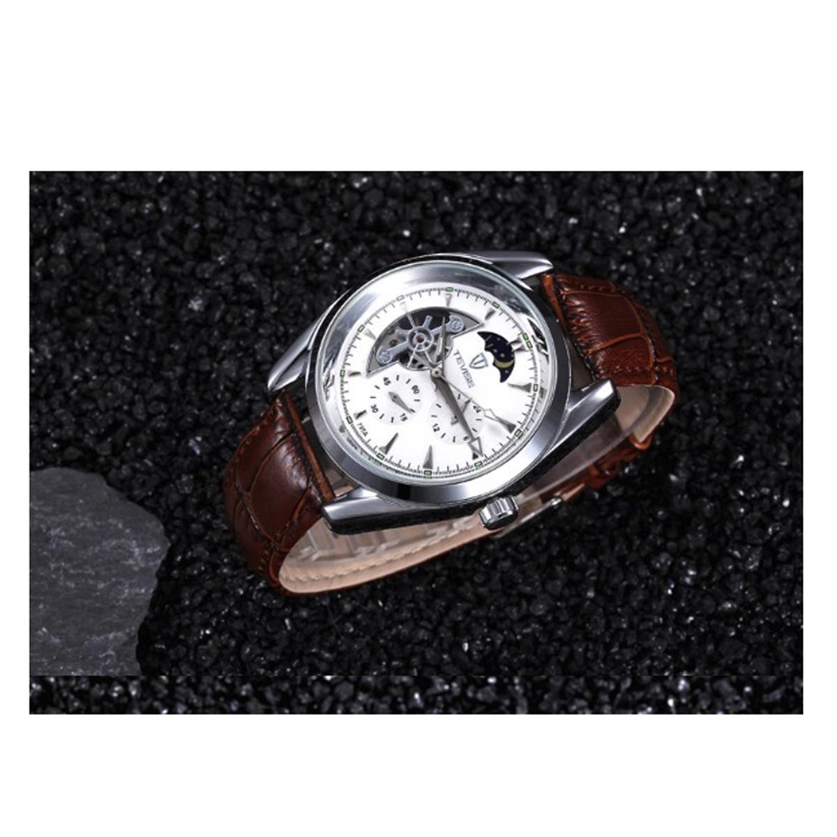 Tevise Mens Automatic Mechanical Watch White Silver Brown Moonphase T795