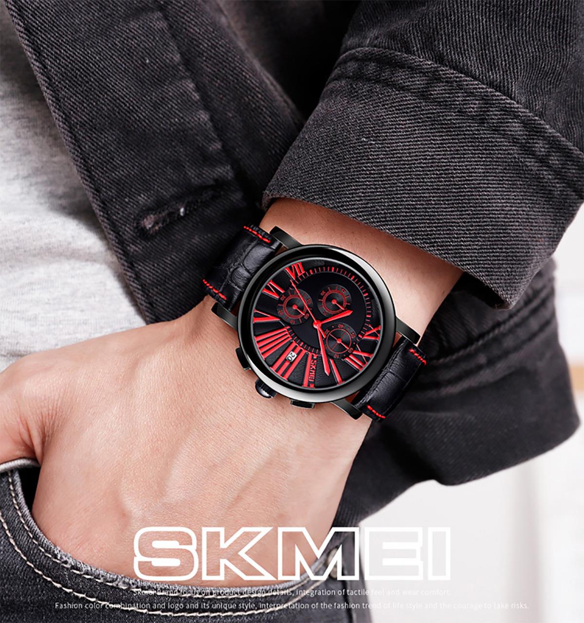 Skmei Mens Black Red Watch Chronograph Genuine Leather Strap Date Display SK9196RED