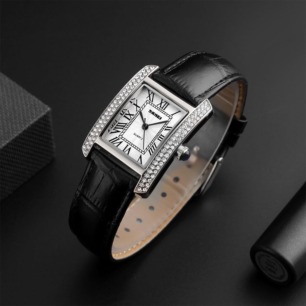 Skmei Women's Ladies Watch Classic Roman Genuine Leather Crystal Stones Black Silver