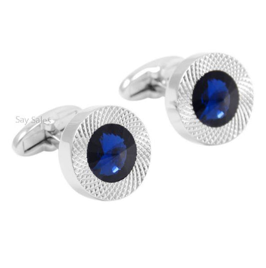 Charles William Stunning Round Silver Tone Cufflinks With Blue Stone Formal Wedding Business Button