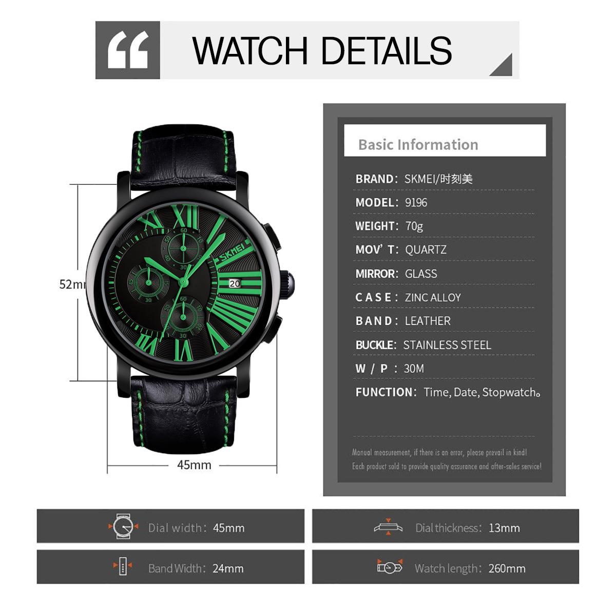 Skmei Mens Black Green Watch Chronograph Genuine Leather Strap Date Display SK9196GR