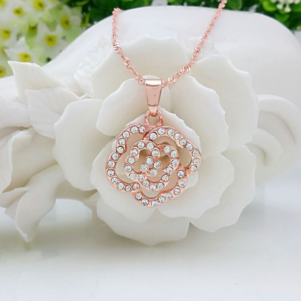 Womens Rose Gold Cubic Zirconia Flower Necklace from Charles William