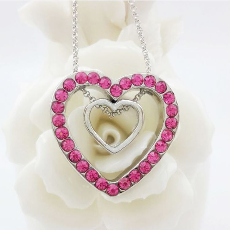 Charles William Double Silver Two Hearts Pendant Crystal Pink Stones Necklace Christmas Gift Present