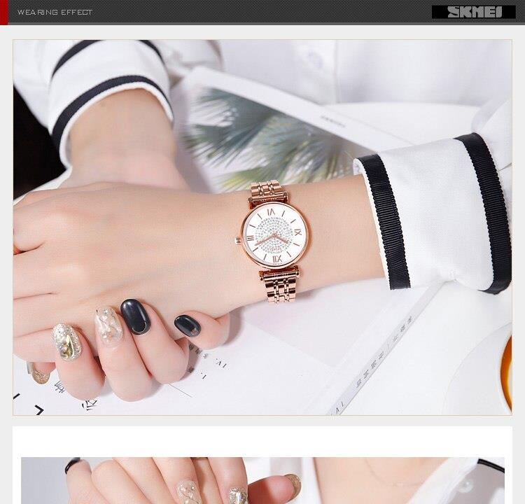 Skmei Women's Watch Rose Gold Classic Sparkle Clear Dial Crystal Stones Stainless Steel Strap