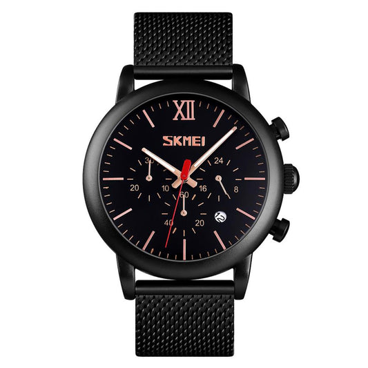 Skmei Mens Black Chronograph Quartz Watch Mesh Metal Strap Date Display SK9023