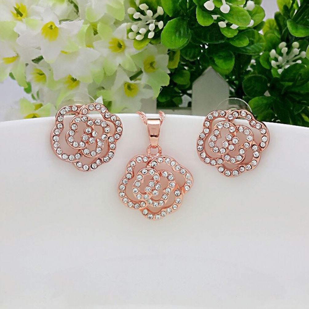 Rose Gold Cubic Zirconia Flower Jewellery Set Studs Earrings & Necklace Ladies Gift from Charles William