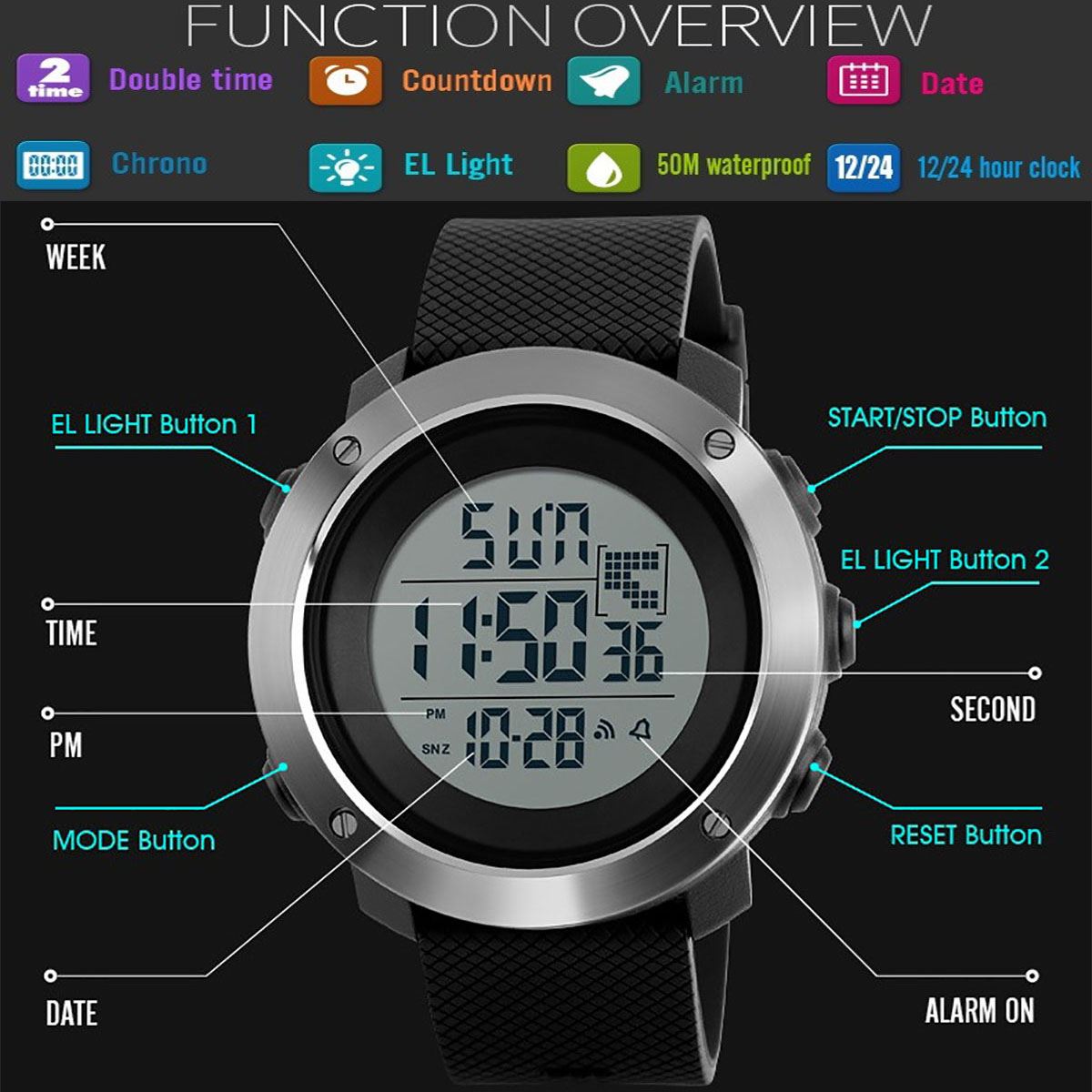 Skmei Extra Large Display Digital Watch 50m Sports Watch Stopwatch & Alarm UK 1267