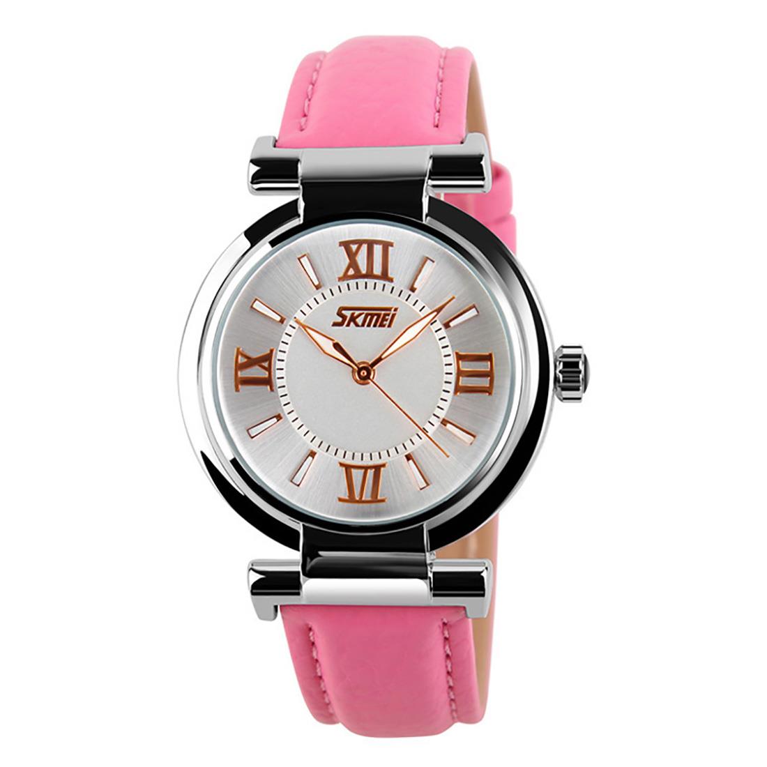 Skmei Women's Ladies Girls Watch Clear Dial Roman Numerals Genuine Leather Strap Pink