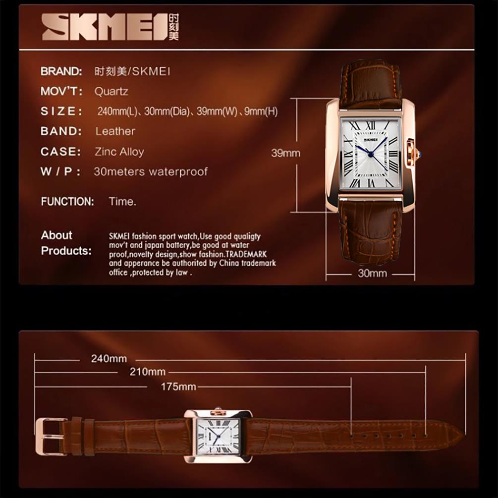 Skmei Beautiful Women's Ladies Watch Square Rose Gold Roman Numerals Genuine Leather Strap Brown 1085BR