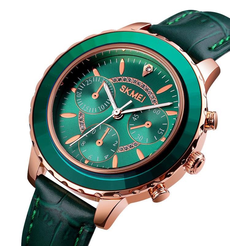 Skmei Women's Ladies Watch Classic Clear Dial Crystal Stones Leather Strap Green