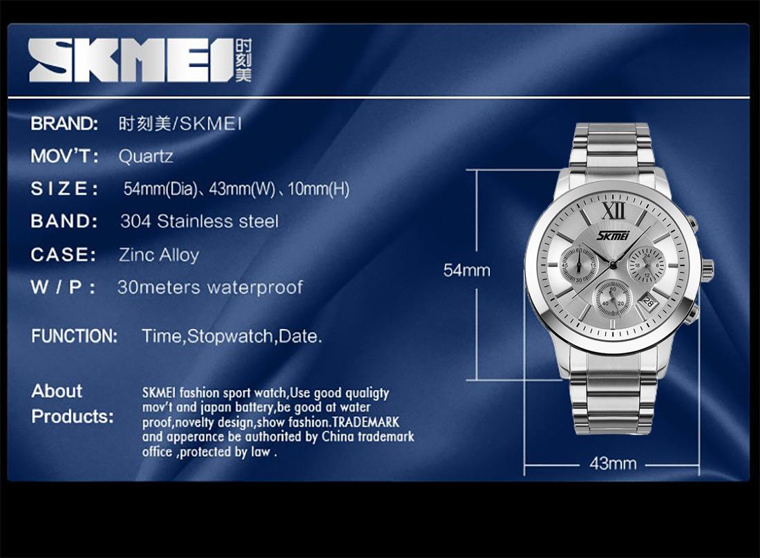 SKMEI Mens Silver Chronograph Watch Multi Dial Date Display Stainless Steel Strap 9097S