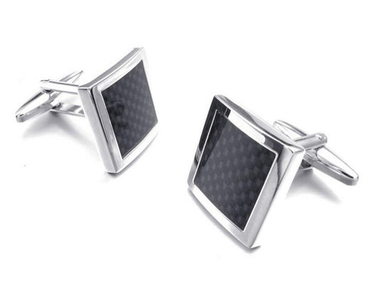 Charles William Premium Black Silver Carbon Cufflinks Novelty Square Shirt