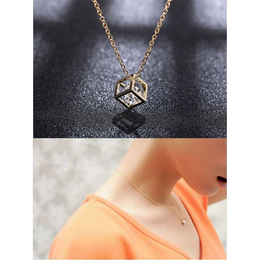 Women's Girl's Gold Cube Necklace With Crystal Stone Unique Gift Stocking Filler UK