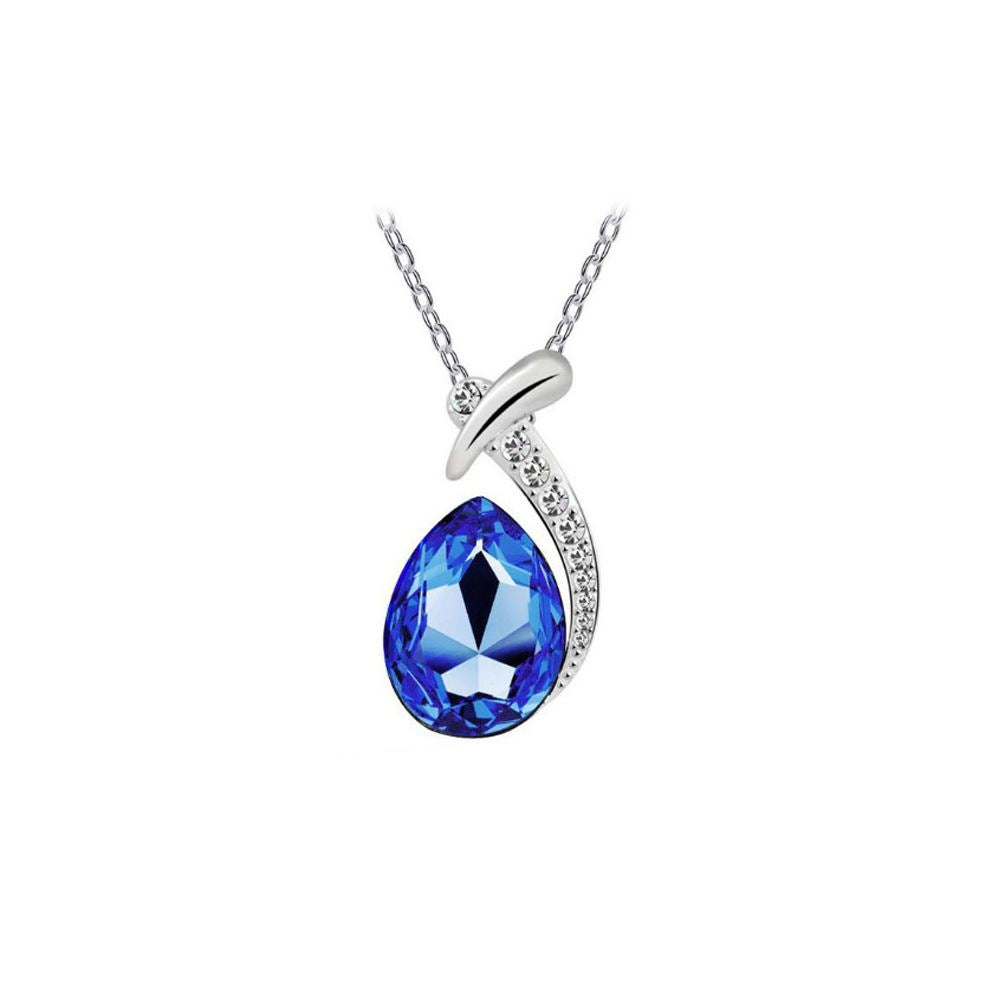 Women's Dark Blue Crystal Diamante Pendant Necklace Teardrop Stone UK Seller