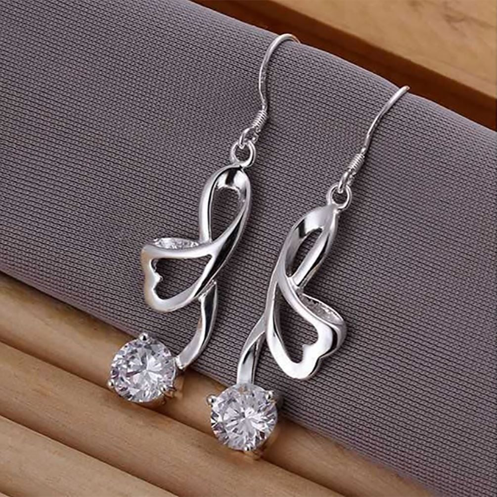 Women's Girls Stunning Silver Heart Ribbon Style Earrings With Sparkling Crystal Stone