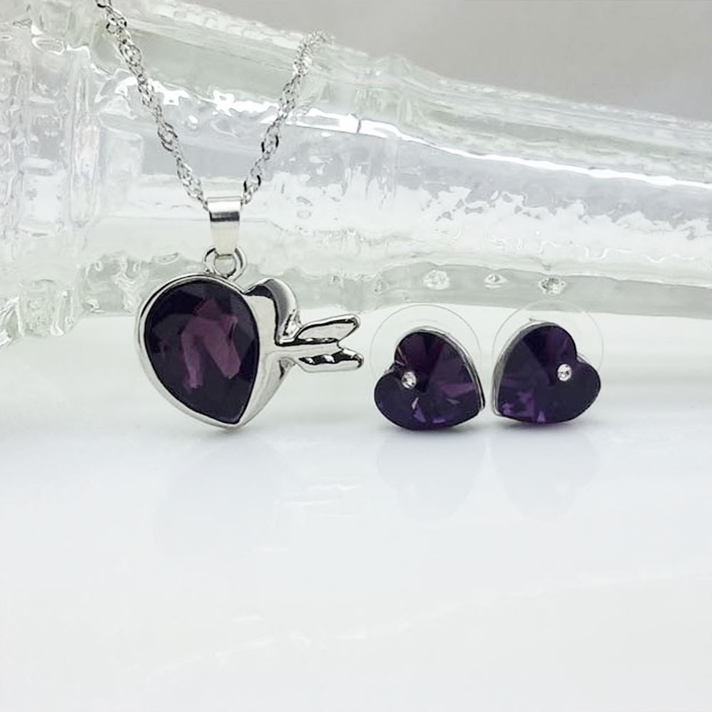 Crystal Love Hearts Silver Elegant Drop Earrings & Necklace Jewellery Set Dark Purple