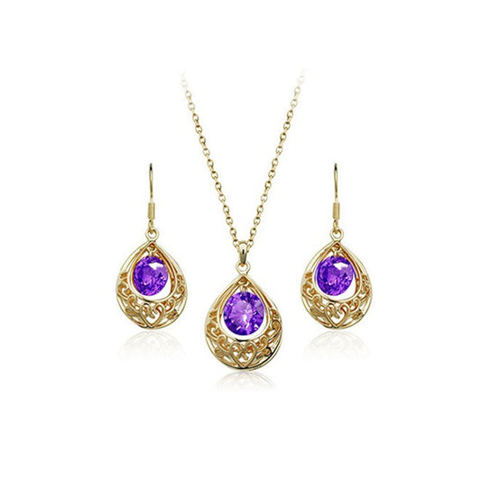 Gold and Purple Hollow Teardrop Jewellery Set Drop Earrings & Necklace