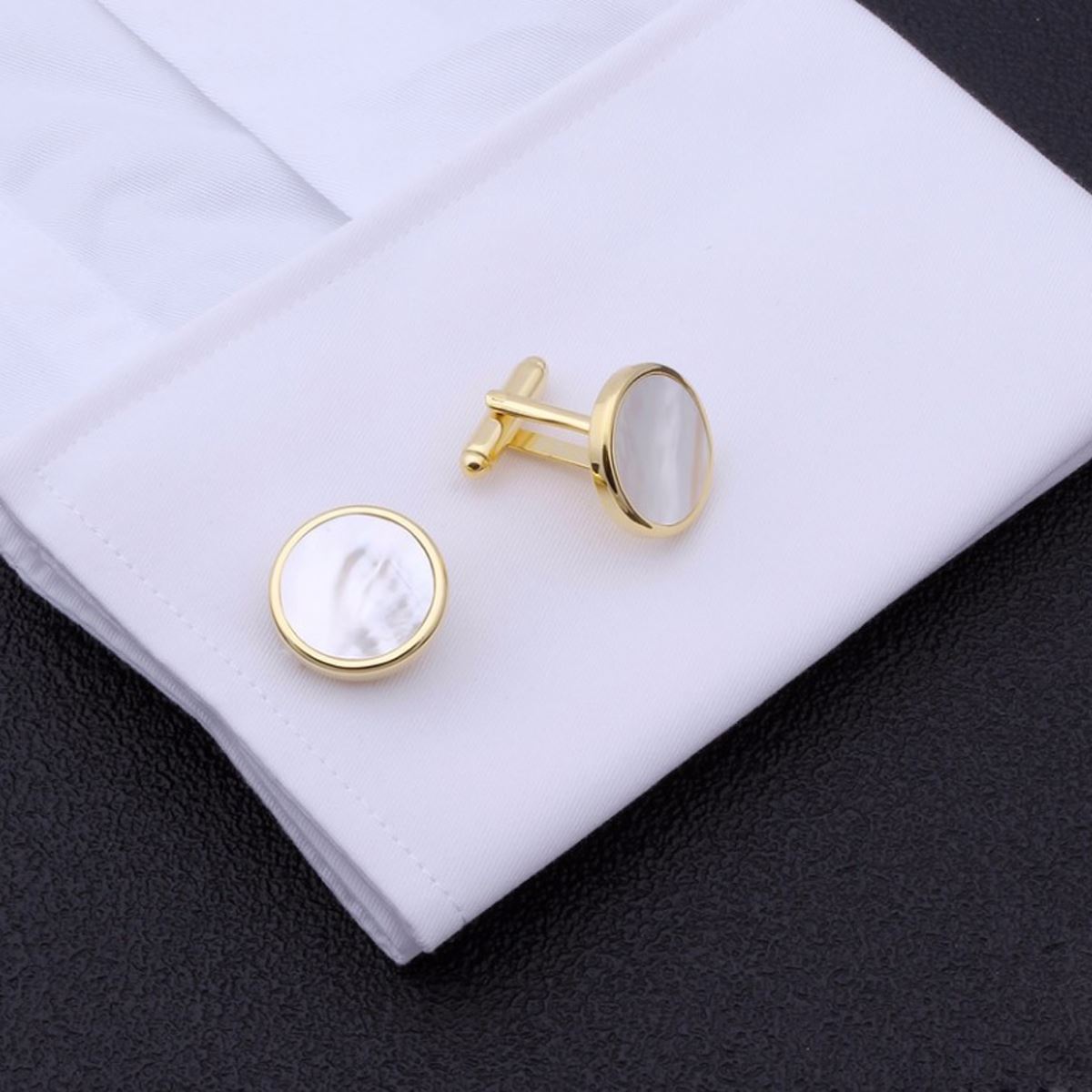 Charles William Thin Classic Gold Tone Circular Cufflinks With Mother Of Pearl Stone Wedding Business