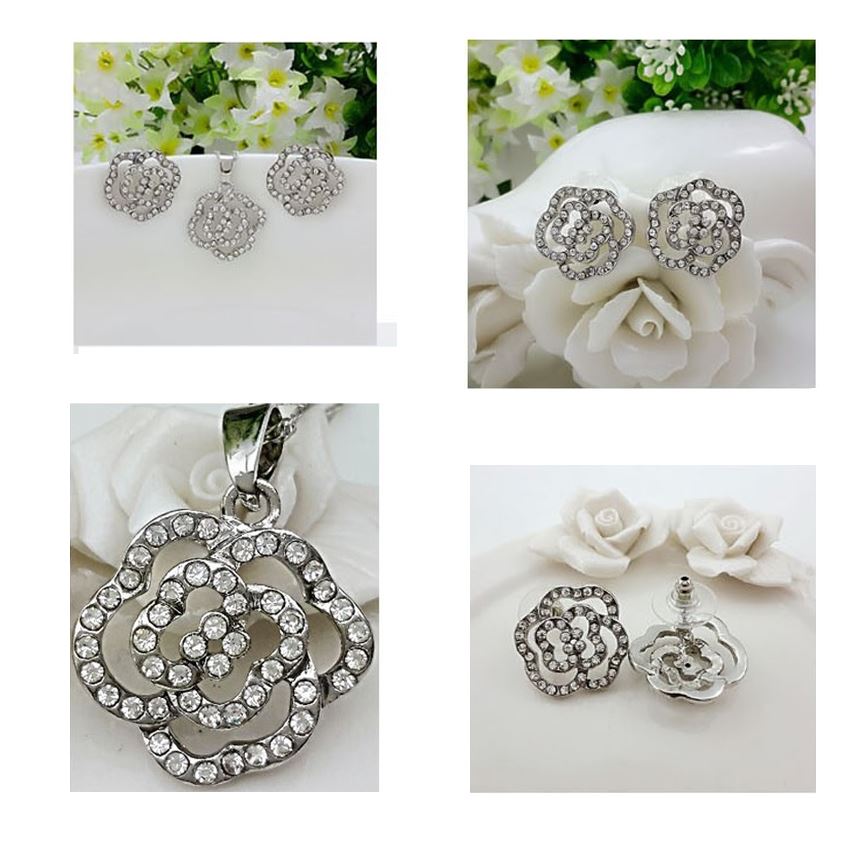 Silver Cubic Zirconia Flower Jewellery Set Studs Earrings & Necklace from Charles William