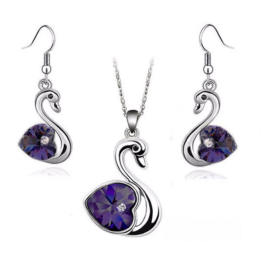 Crystal Love Heart In Dark Purple Swan Jewellery Set Earrings And Matching Necklace Silver