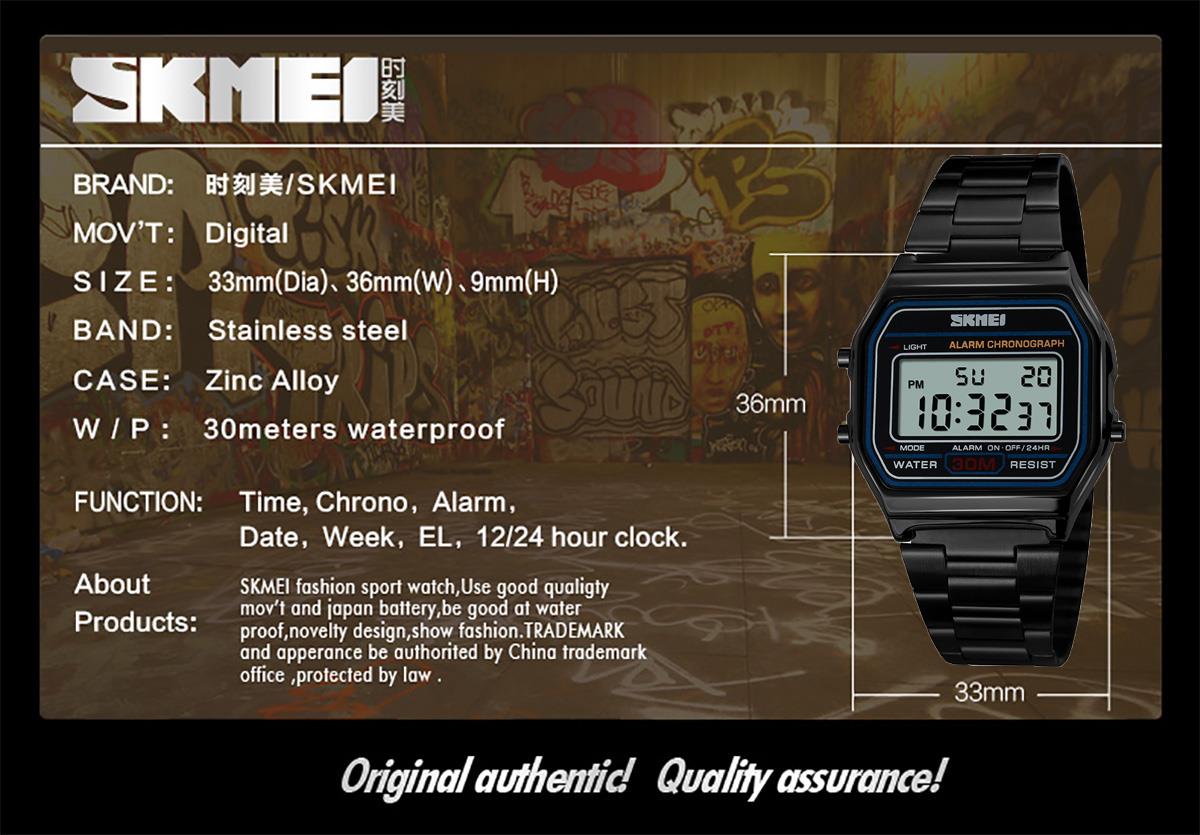 Skmei Mens Classic Clear Digital Watch Retro Alarm Metal Strap Date Black