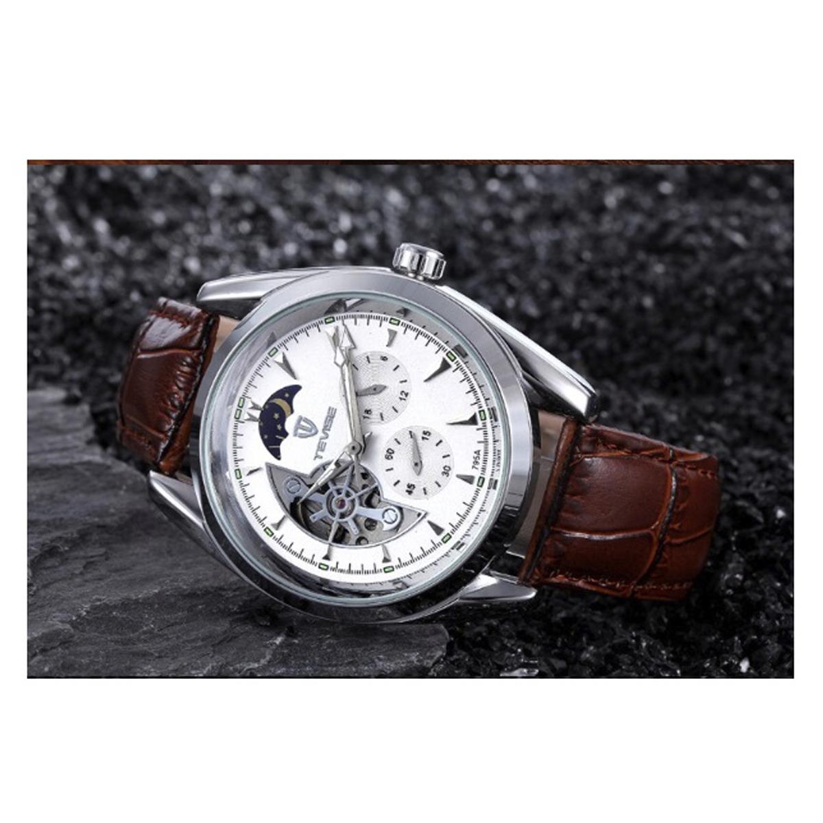 Tevise Mens Automatic Mechanical Watch White Silver Brown Moonphase T795