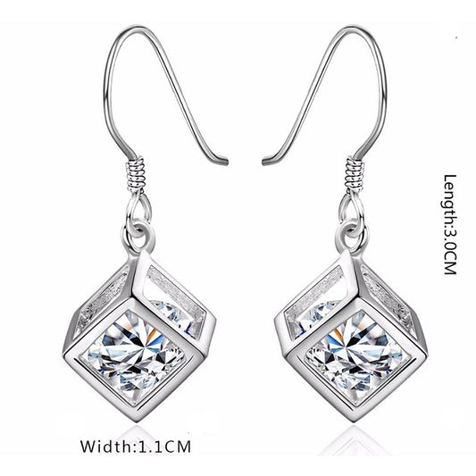 Women's Girl's Silver Cube Earrings With Crystal Stone Unique Gift Stocking Filler UK