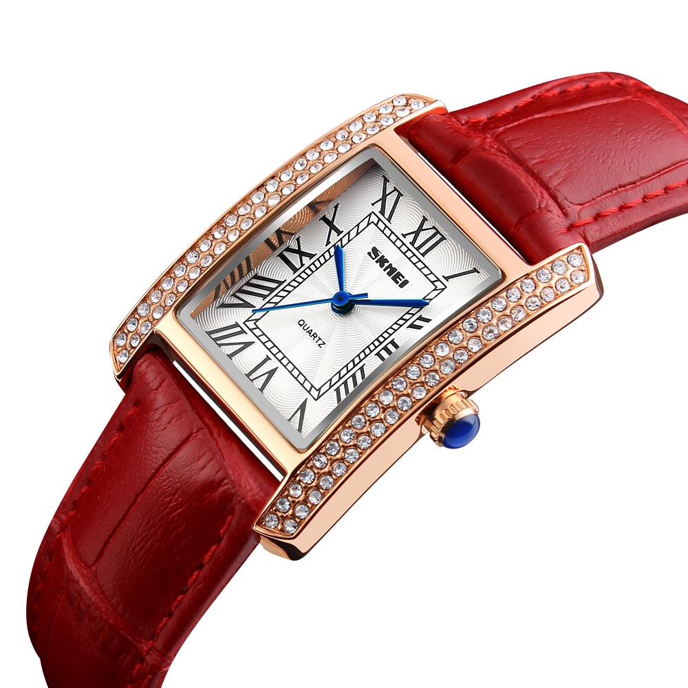 Skmei Women's Ladies Watch Classic Roman Genuine Leather Crystal Stones Red Rose Gold