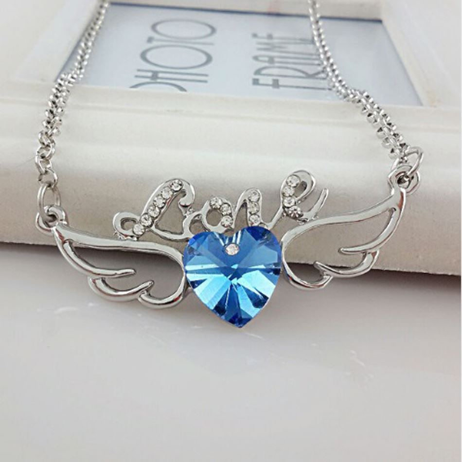 Women's Sky Blue & Silver 'Love' Pendant Necklace Angel Wings Crystal Stones Unique UK