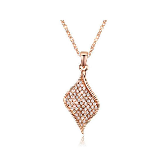 Women's Rose Gold Leaf Diamond Pendant Necklace Encrusted Crystal Stones UK Seller