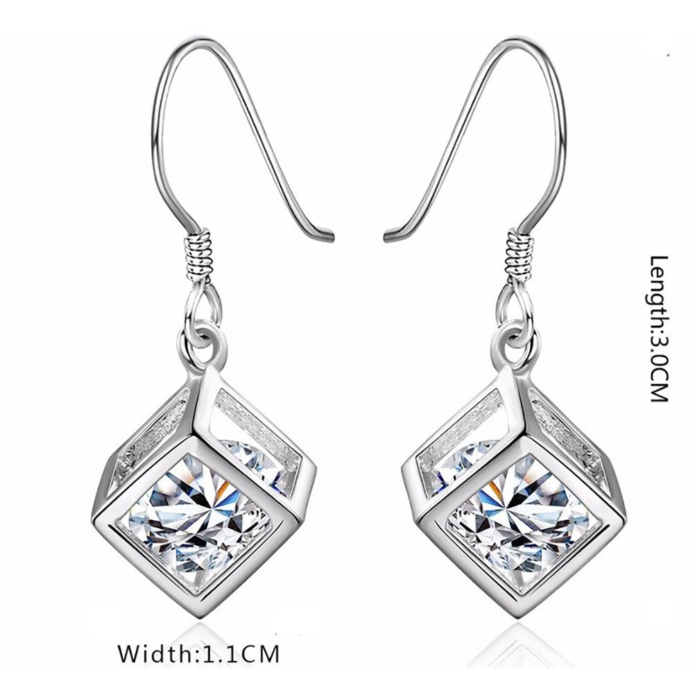 Women's Silver Cube Necklace & Earrings Set With Crystal Stone Unique Gift Stocking Filler UK