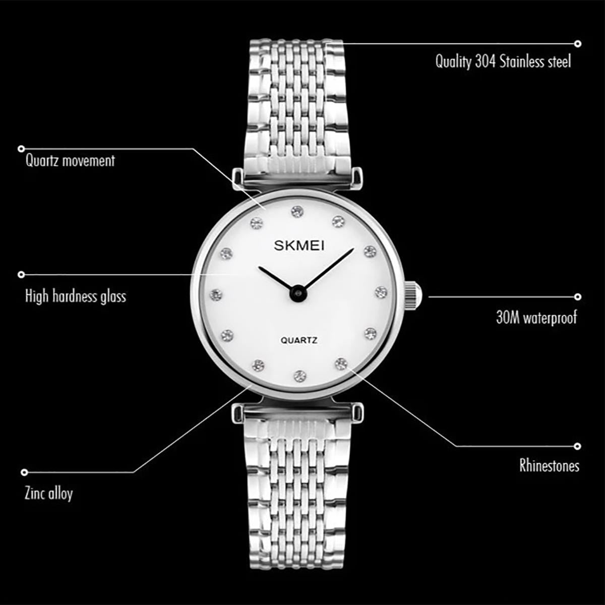 Skmei Women's Ladies Watch Silver Mother Of Pearl Mesh Strap Crystal Stones SK1223