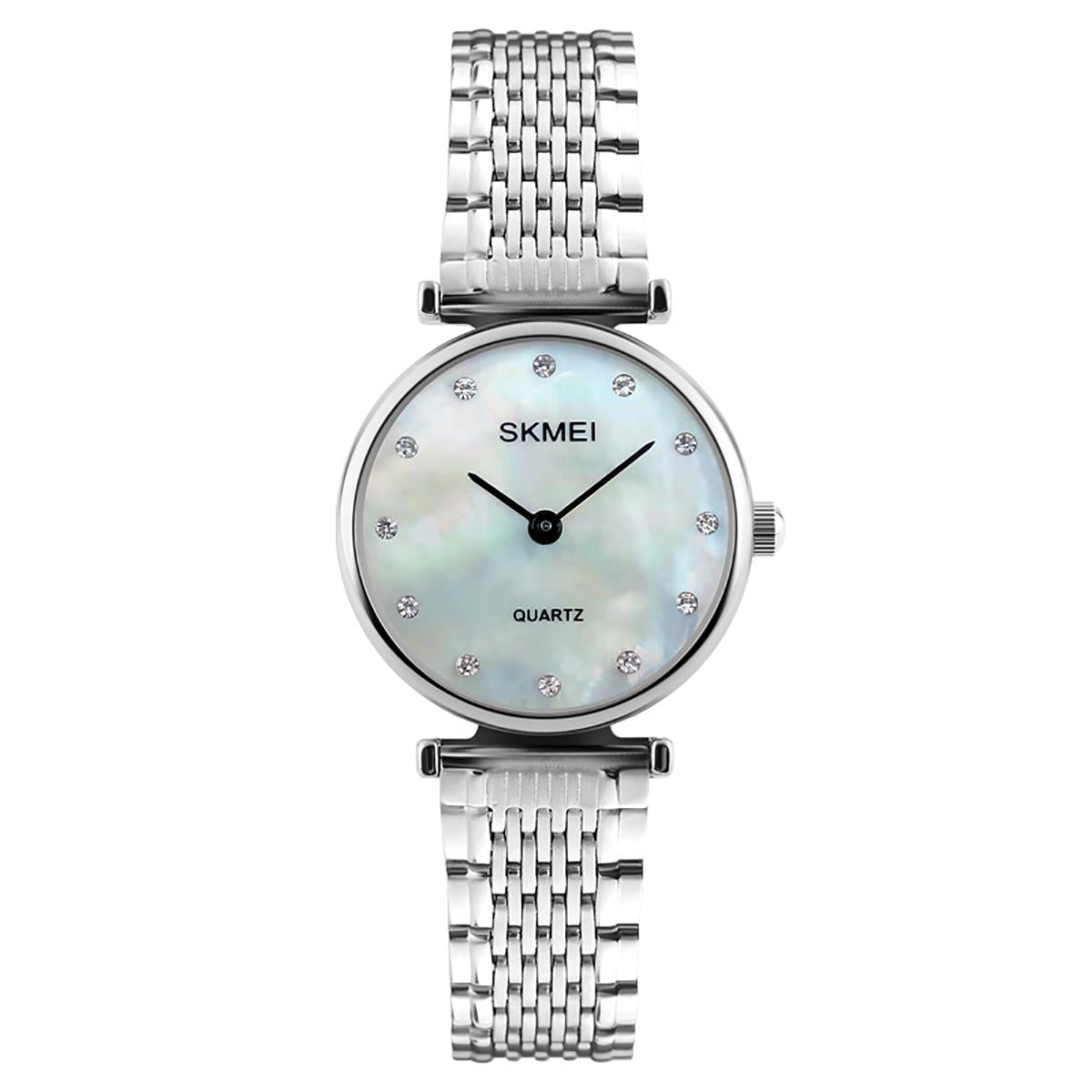 Skmei Women's Ladies Watch Silver Mother Of Pearl Mesh Strap Crystal Stones SK1223