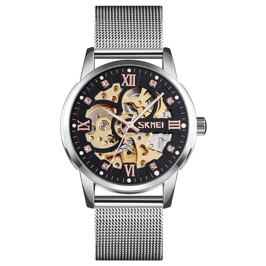 Skmei Mens Silver Automatic Movement Skeleton Steampunk Watch Metal Mesh Strap With Crystal Stone Encrusted Hour Markers Collector SK9199