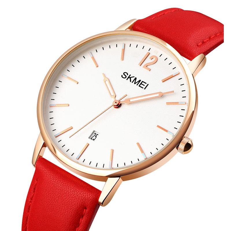 Skmei Women's Ladies Watch Classic Clear Dial Date Display Genuine Leather Strap Red