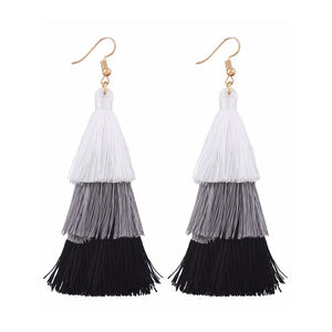 Layered Black White Tassle Tassel Earrings Dress Present Gift Ladies Girls Woman