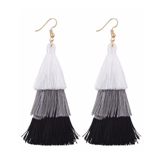 Layered Black White Tassle Tassel Earrings Dress Present Gift Ladies Girls Woman