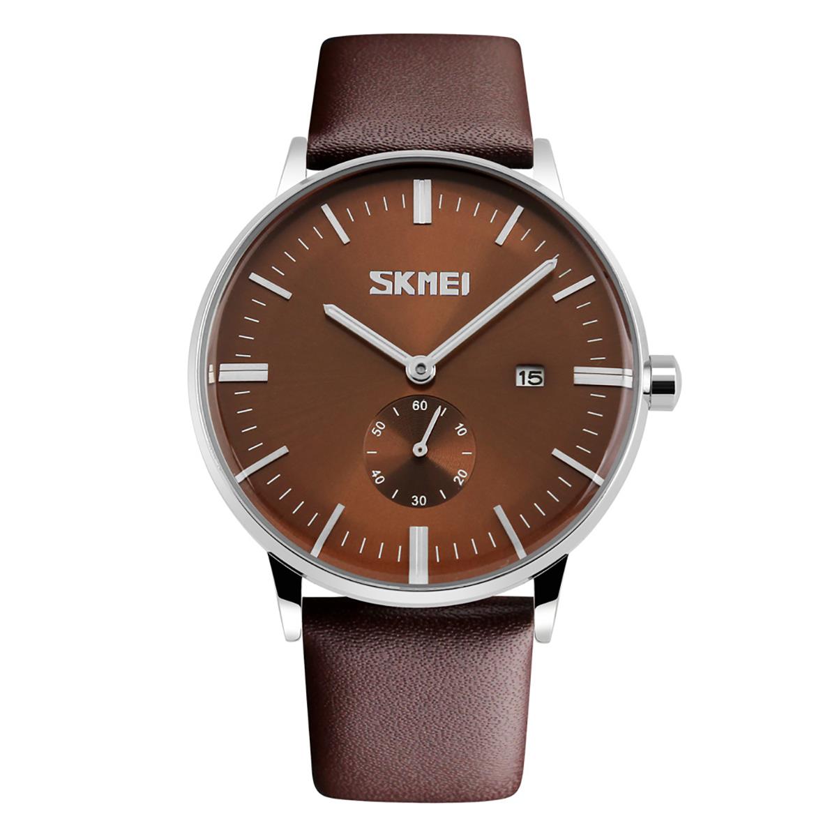 Skmei Mens Brown Classic Watch Genuine Comfort Leather Strap Date Display SK9083