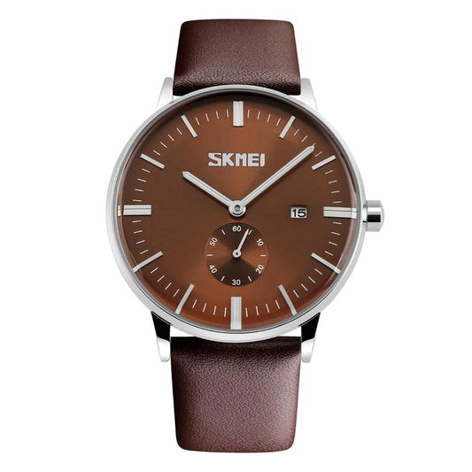 Skmei Mens Brown Classic Watch Genuine Comfort Leather Strap Date Display SK9083