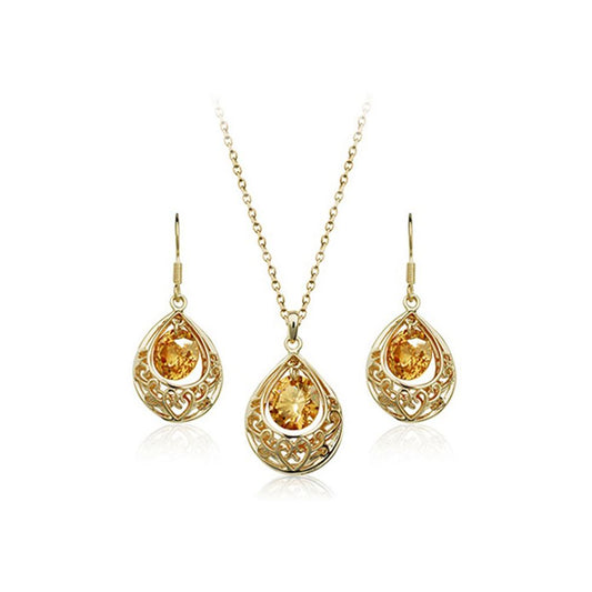 Womens Gold & Champagne Hollow Teardrop Jewellery Set Drop Earrings & Necklace