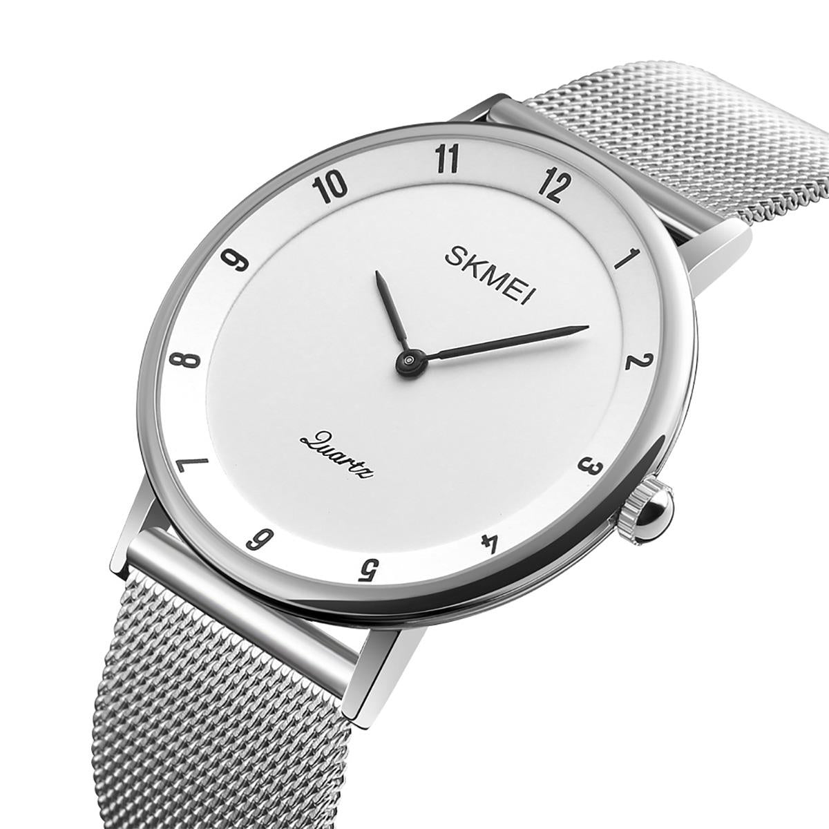 Skmei Mens Watch Classic Silver Dial Ultra Thin Stainless Steel Mesh Strap White Black