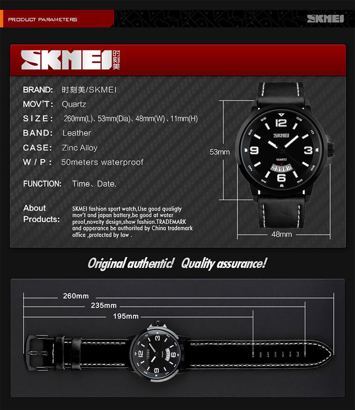 Skmei Mens Watch Classic Black Dial Genuine Leather Strap Date Display Window SK9115