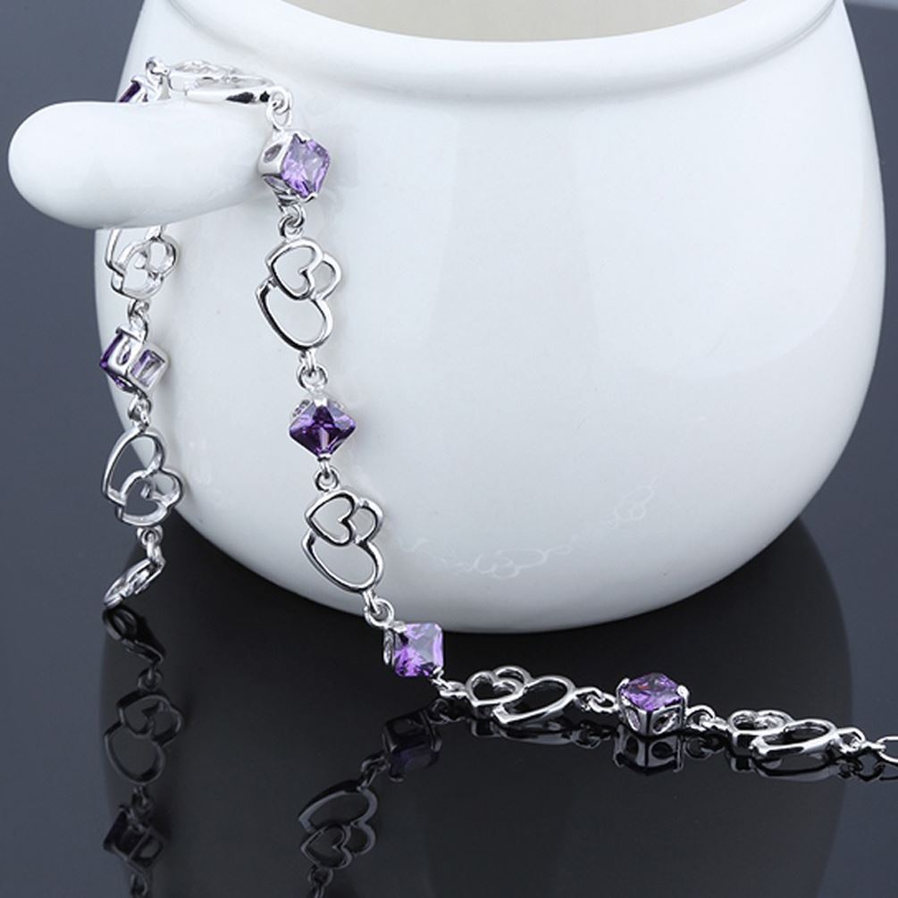 Women's Girls Charm Bracelet Silver Friendship Heart Purple Crystal Stone UK Seller