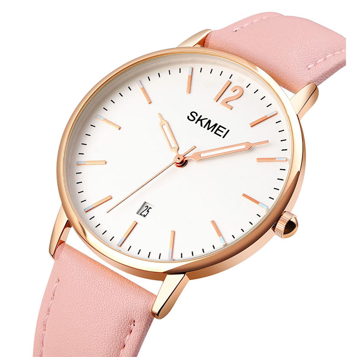 Skmei Women's Watch Classic Clear Dial Date Display Genuine Leather Strap Pink