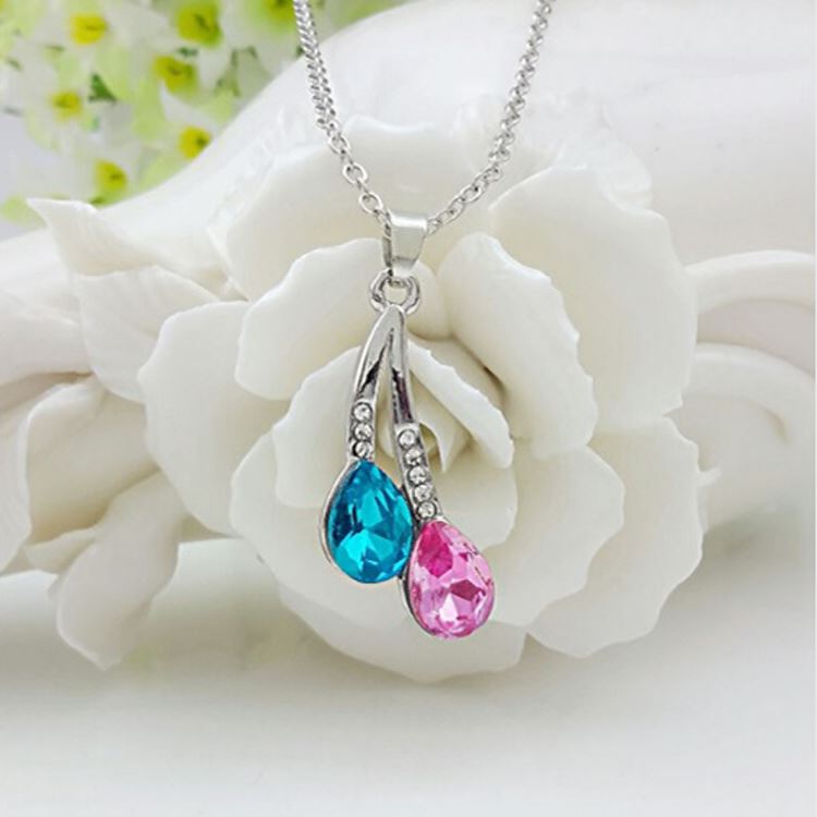 Beautiful Waterdrop Pendant Necklace Jewellery Silver Pink & Blue Gift UK Seller