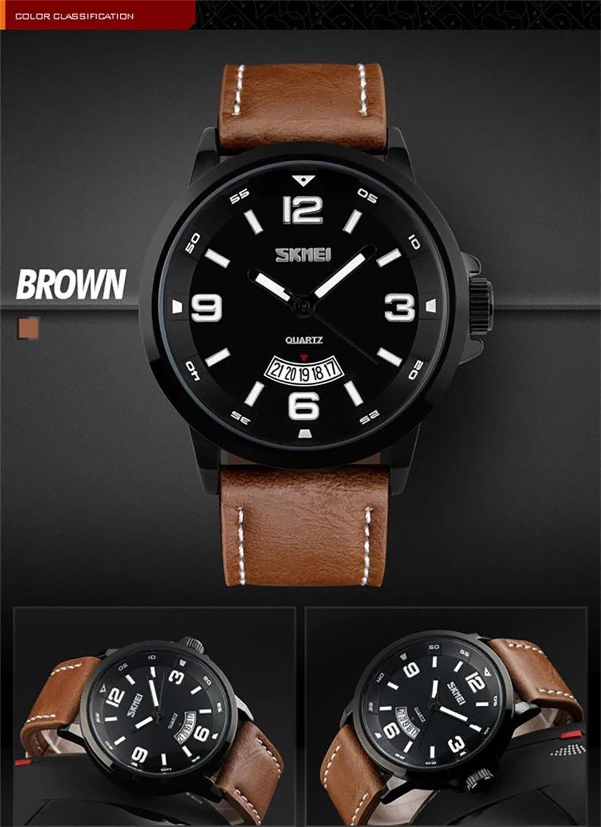 Skmei Mens Watch Brown Genuine Leather Strap Date Display Window SK9115BLA