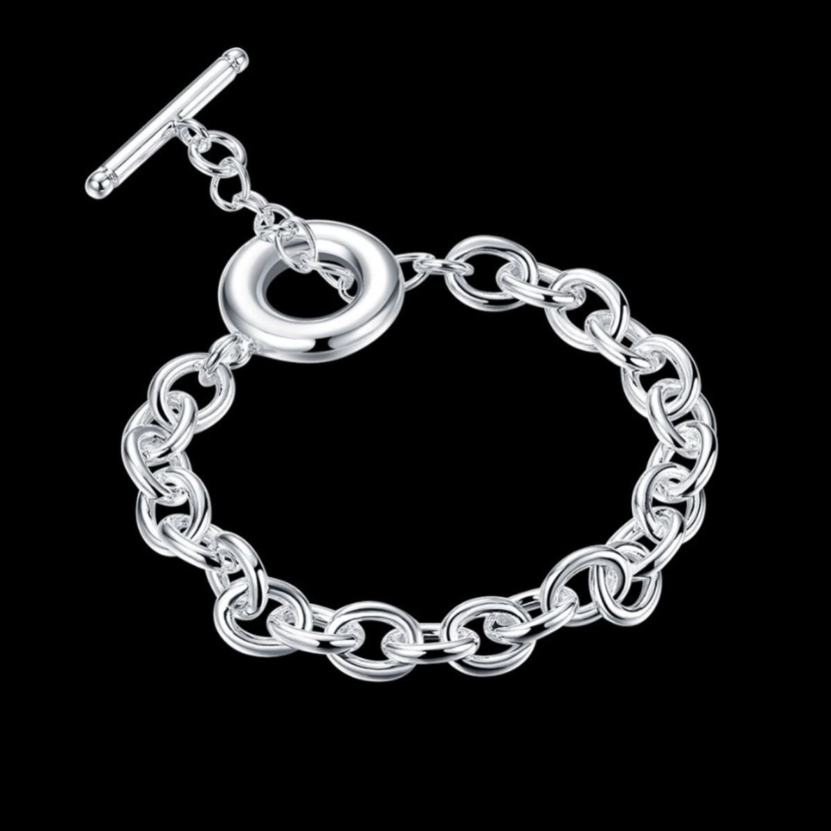 Silver Plated Chain Charm Design Bracelet Bangle With Toggle Close Women's Gift UK Seller