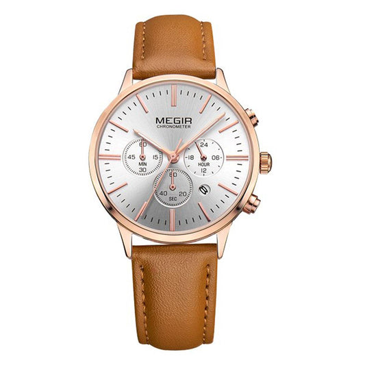 Megir Ladies Round Quartz Analogue Luxury Watch Rose Gold Watches Brown Leather UK