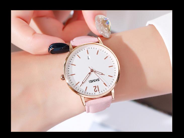 Skmei Women's Watch Classic Clear Dial Date Display Genuine Leather Strap Pink